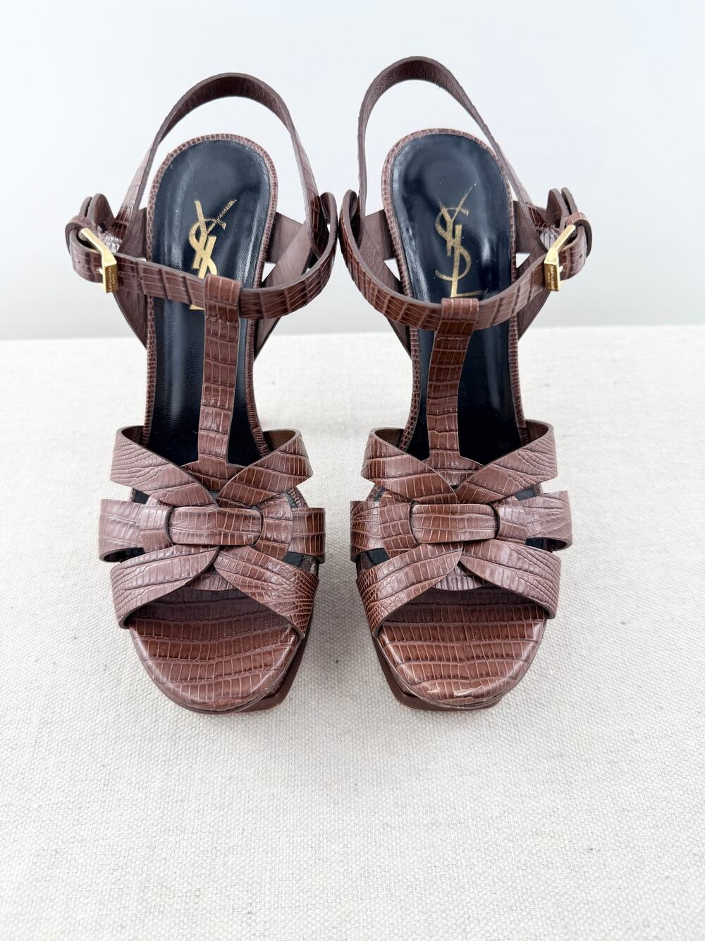 Saint Laurent Tribute Embossed Leather Platform Sandals Brown Women's Size 37.5